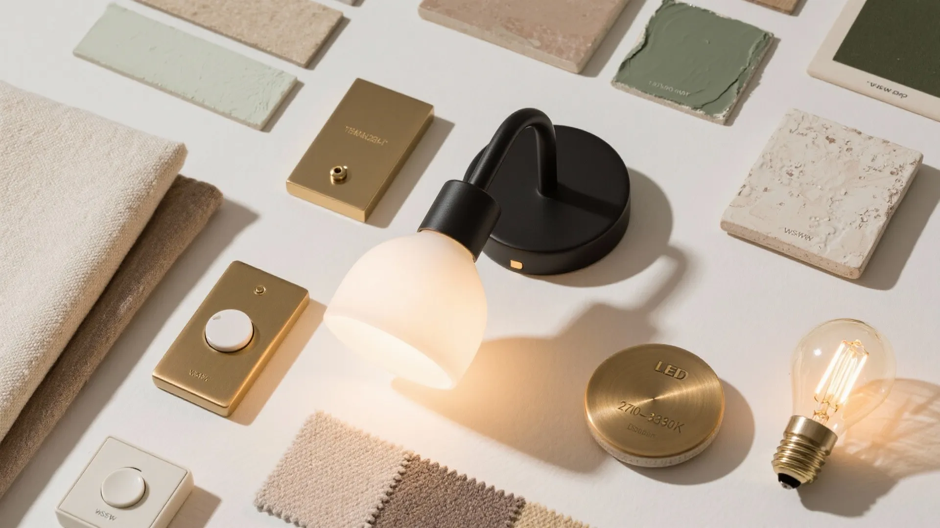 Flatlay of sconce materials and finishes including opal glass, matte metal, ceramic, and warm LEDs.
