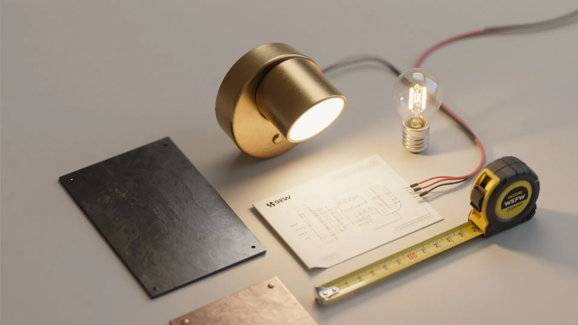 Flatlay of sconce finishes, LED bulbs, and mockup tools for installation planning