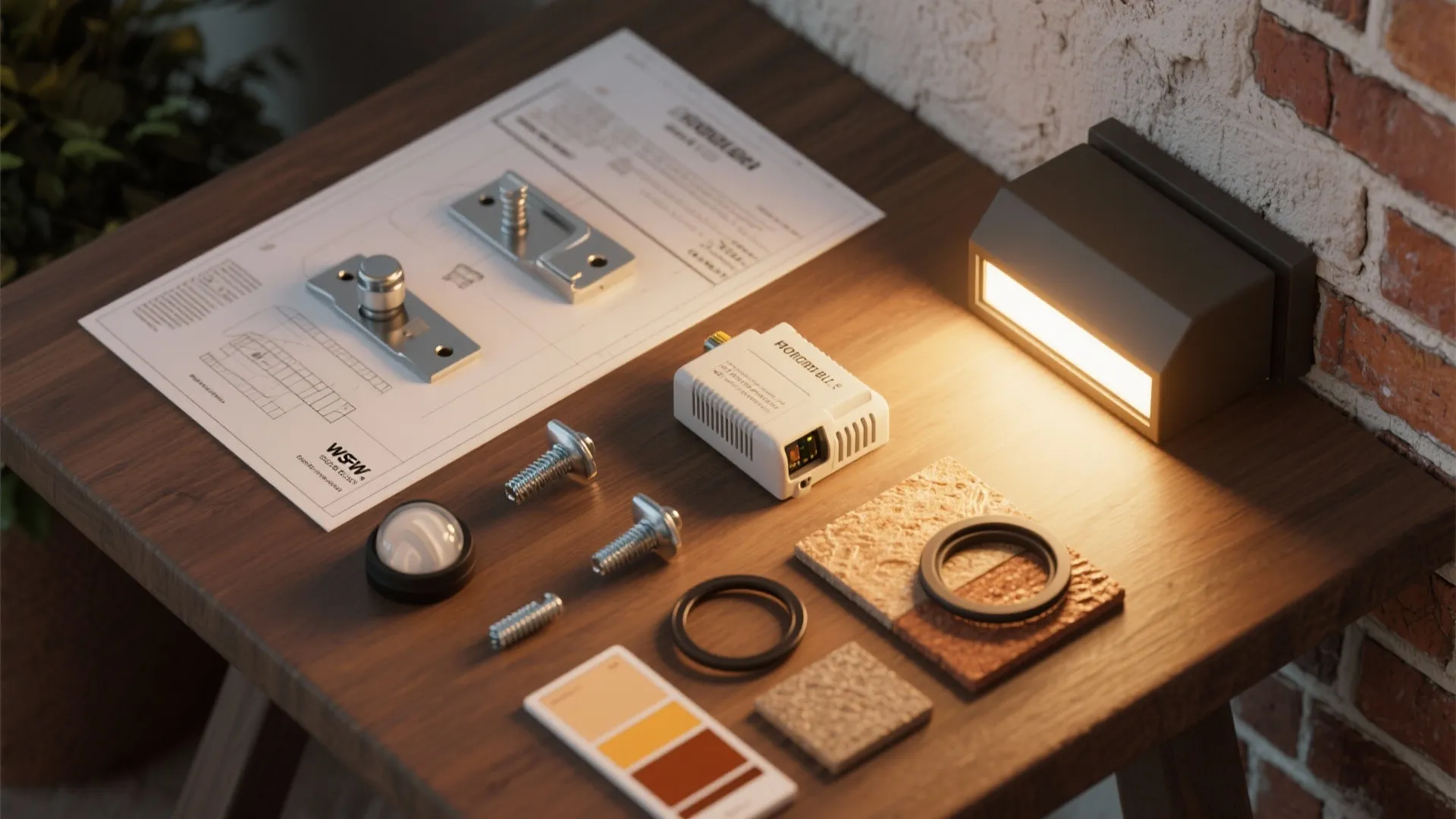 Collection of light fixture parts including screws metal plates and small light on wooden table