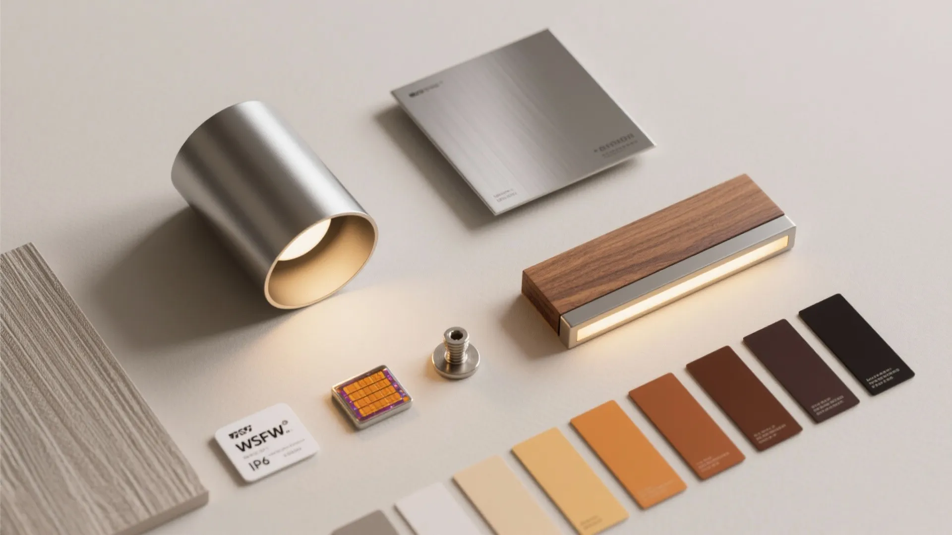 Collection of lighting components including a silver cylinder light wood textures and various color samples
