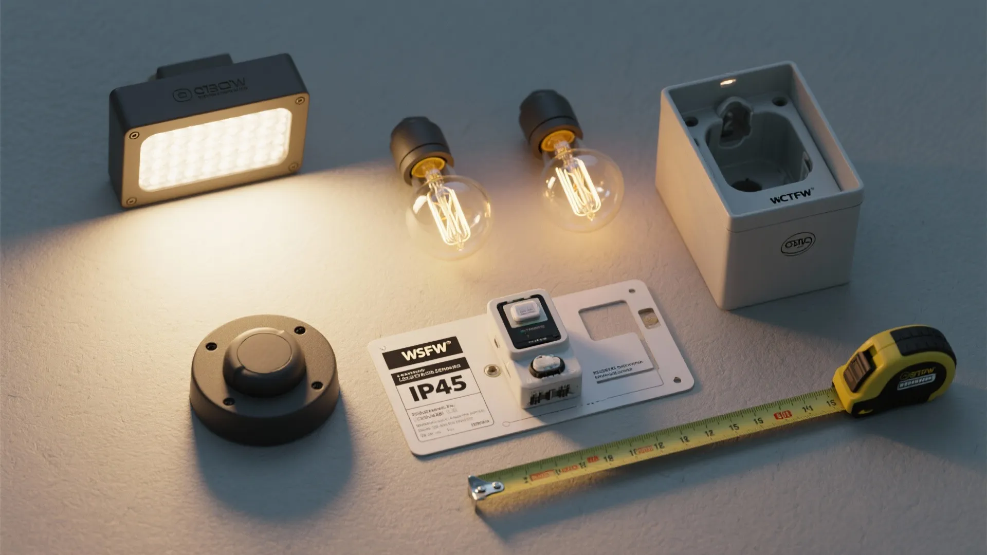 Various lighting equipment parts including light bulbs and a measuring tape on a gray surface