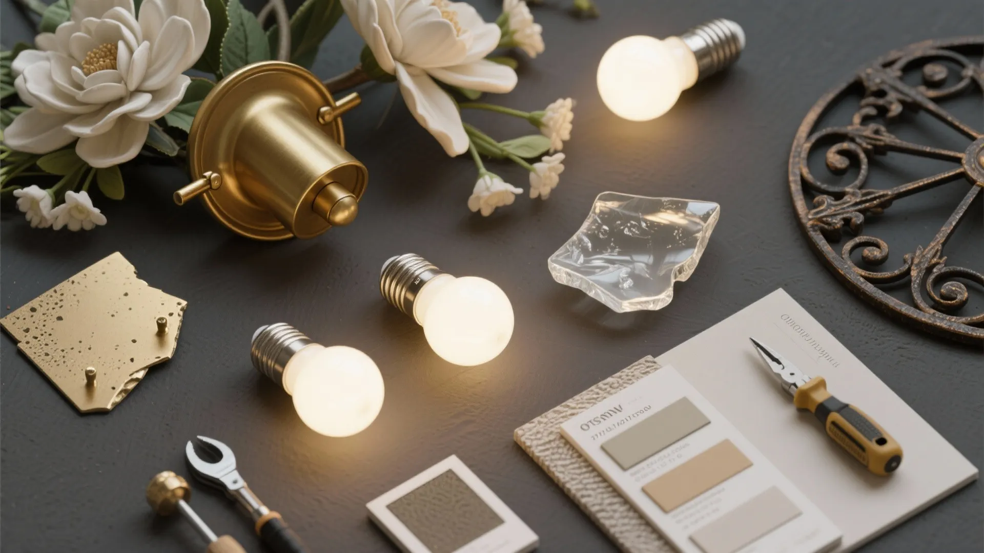 Brass wall light materials with light bulbs and tools displayed on a dark grey tabletop