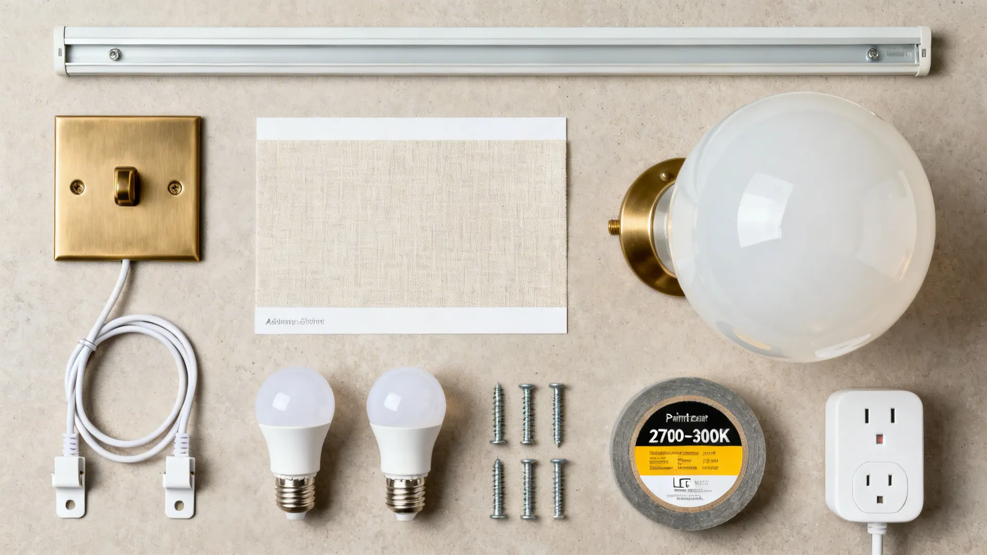 Flat lay of plug-in sconce materials including shades, cord clips, raceway, anchors, and warm LED bulbs.