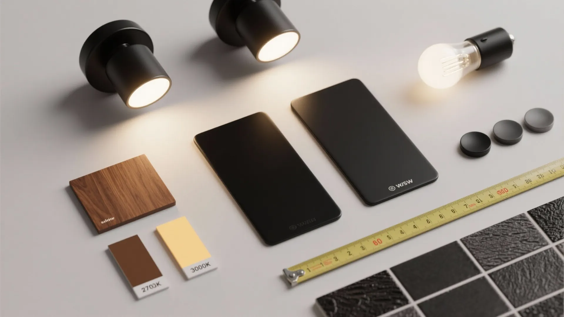 Material flatlay of matte vs satin black finishes, 2700K–3000K bulb swatches, tile and measuring tape for mounting height