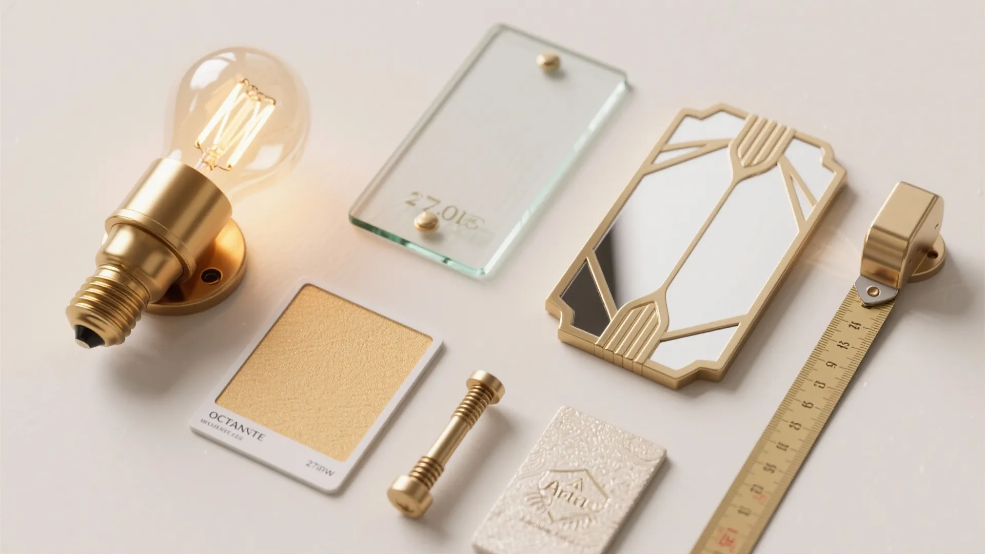 Flat lay of interior design materials including light bulb glass panel gold frame and measuring tape