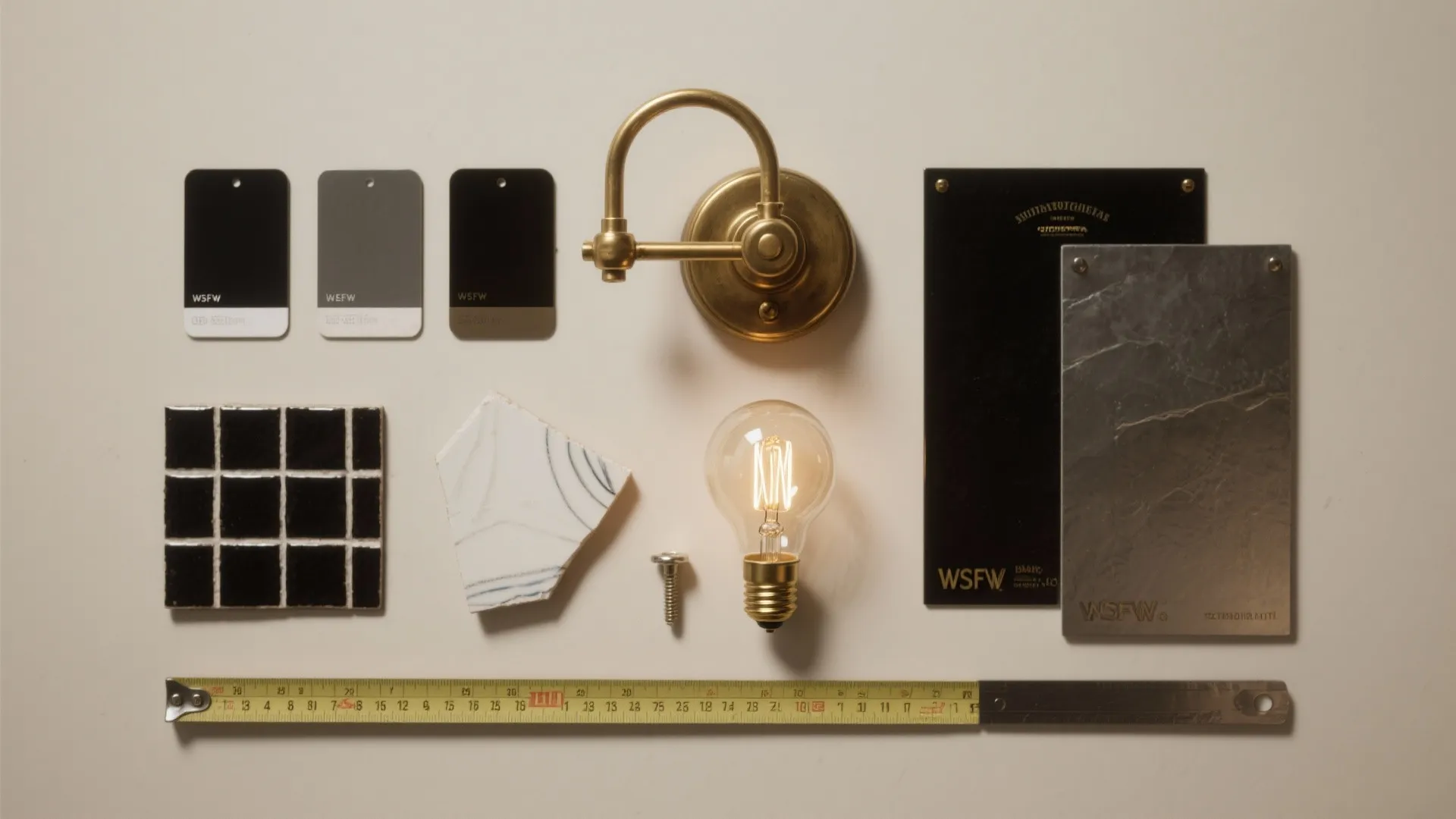 Flatlay of wall light parts including brass arm light bulb stone tile and measuring tape