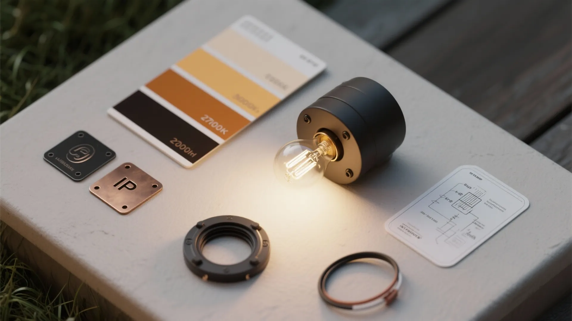 Flatlay of outdoor sconce materials including finish samples, LED filament bulb, and IP rating tag