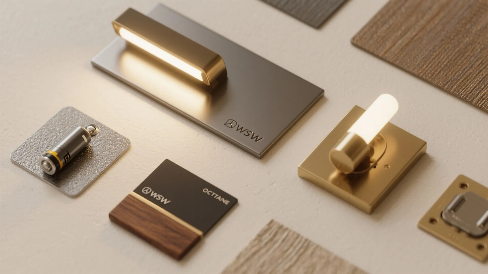 Materials flatlay of finishes and mounting options for battery wall sconces.