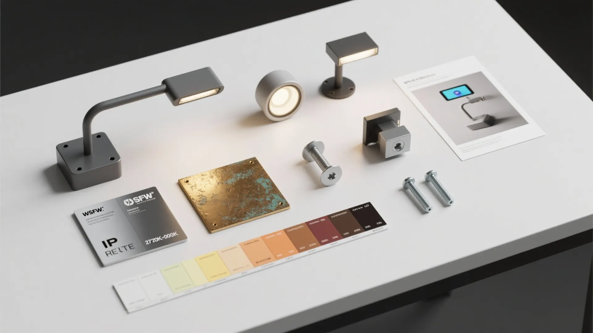 Flatlay of outdoor lighting materials: IP rating tags, metal swatches, LED color samples, mounting hardware and mockup printout.