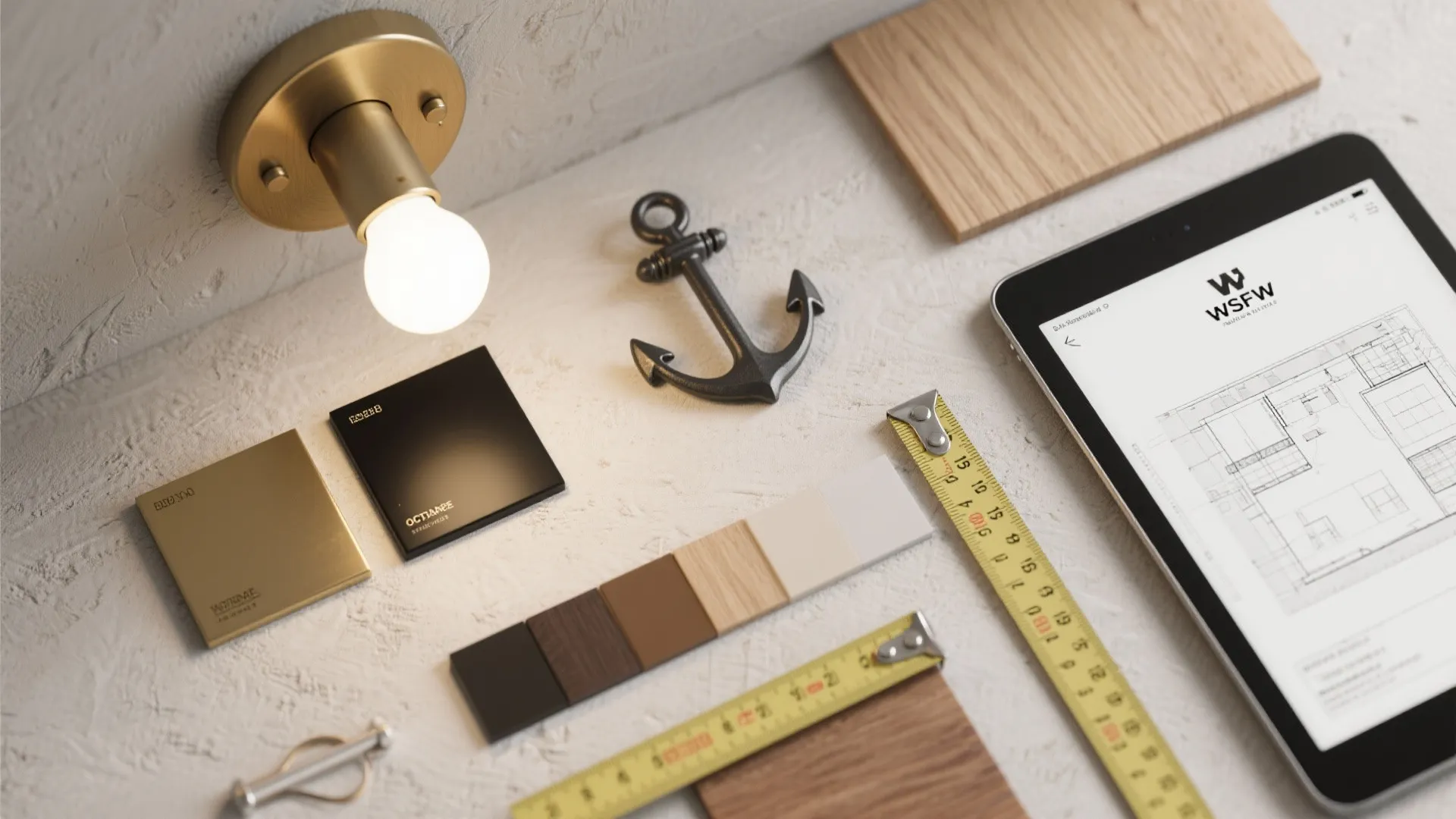 Flatlay of sconce finish samples, LED bulb, mounting hardware and a tablet showing a floor planner for placement planning.
