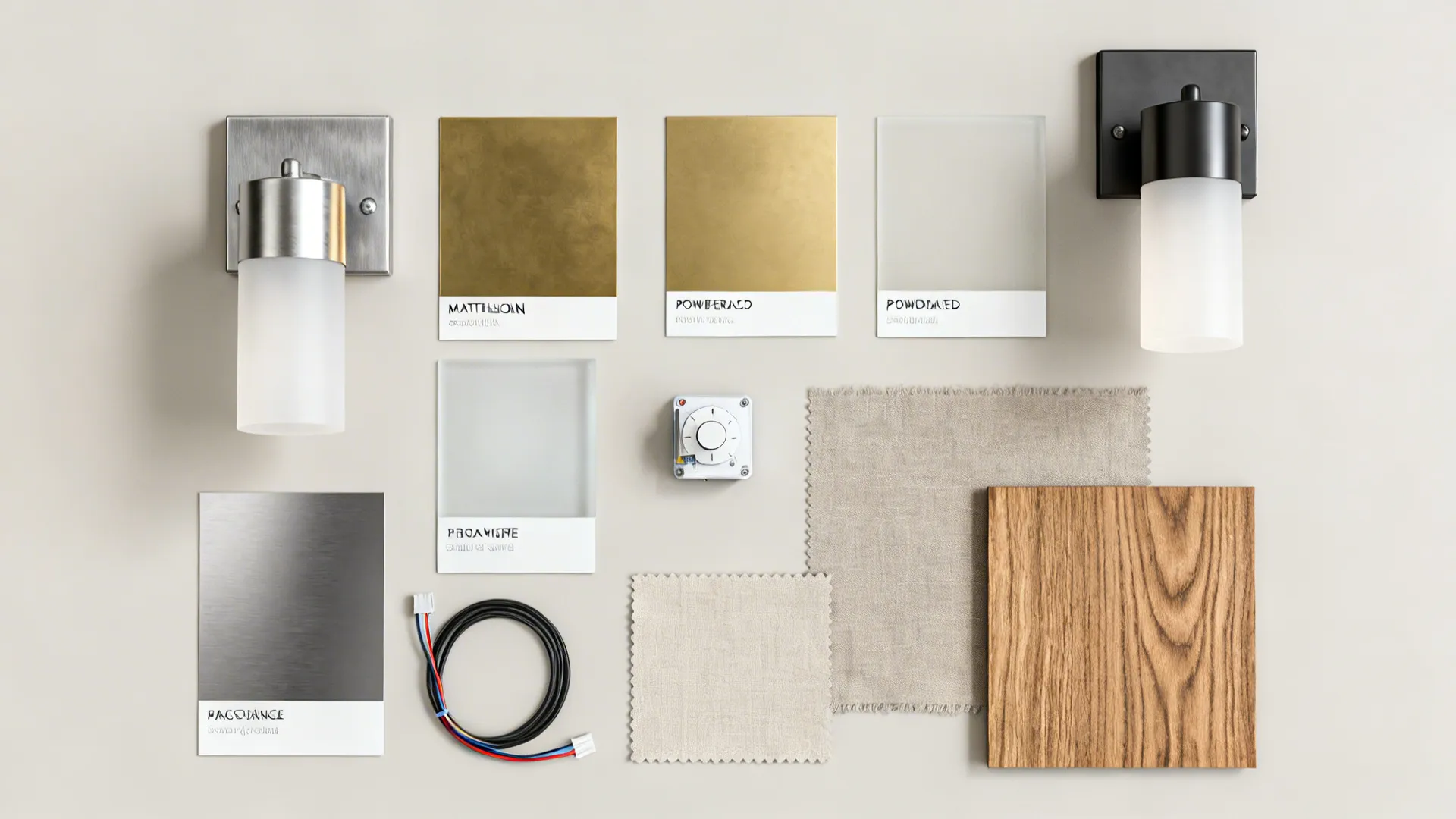 Flatlay of sconce finish and material samples including brass, brushed nickel, frosted diffuser and dimmer module.