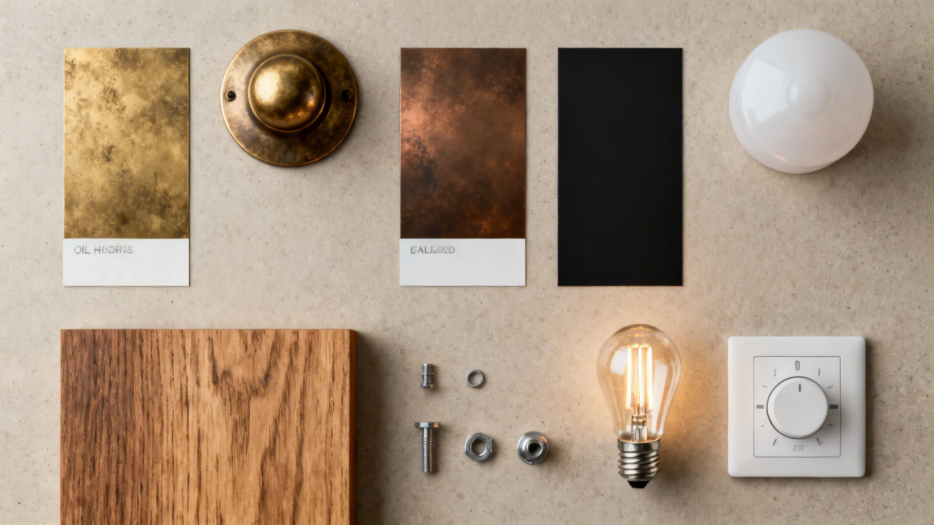 Flatlay of sconce finishes and LED filament bulbs showing material and color options.