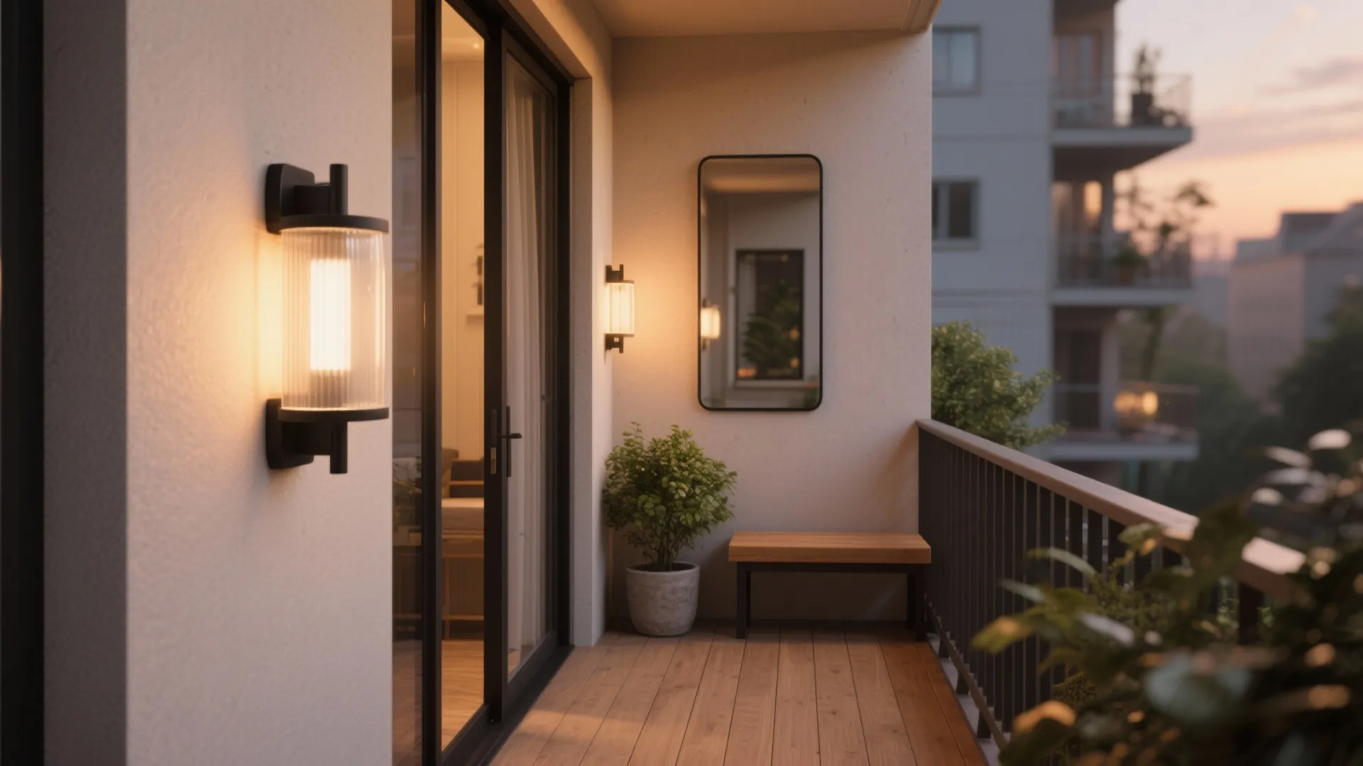Modern balcony with glass doors wall light mirror wooden bench potted plant and city view