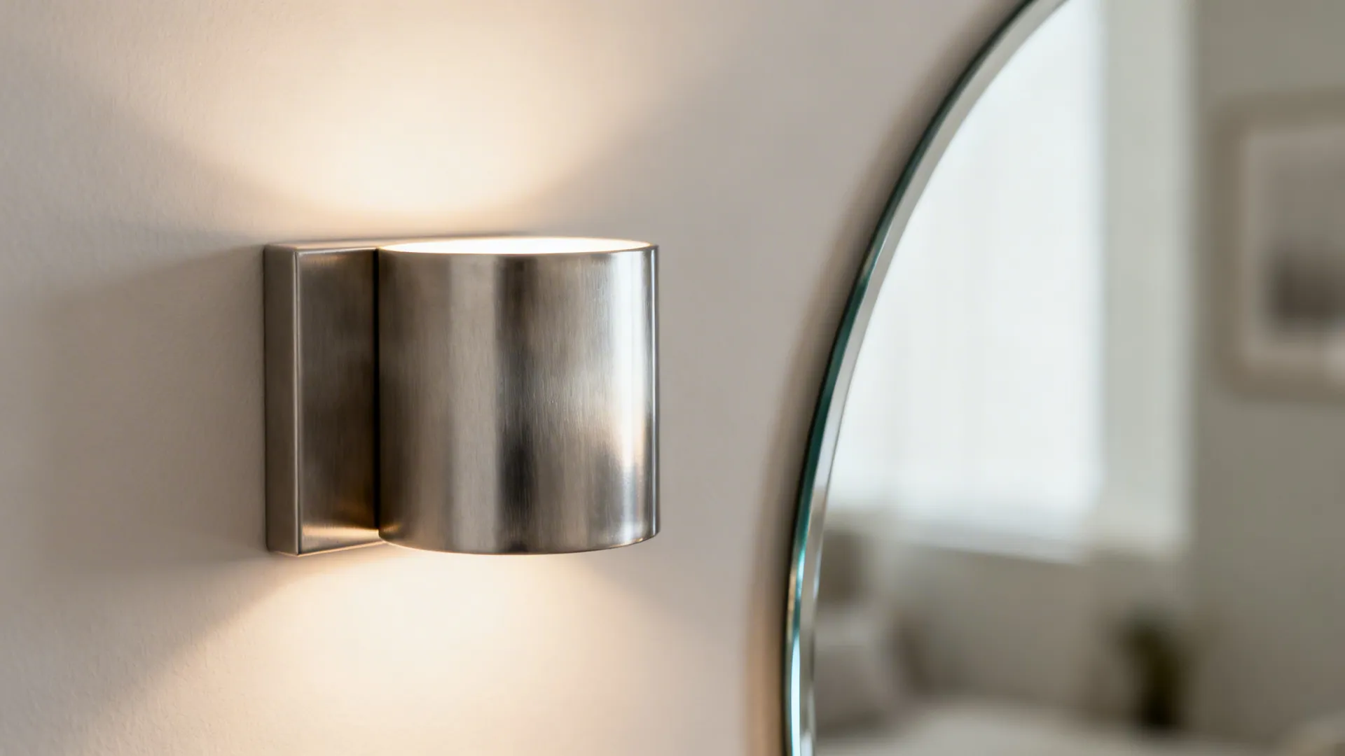 Macro of brushed metal sconce on satin wall with low-iron mirror edge reflecting soft light.
