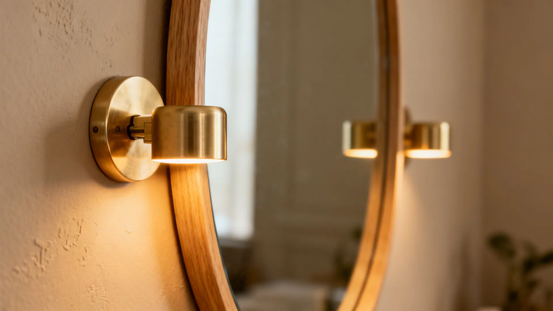 Close-up of a warm brass sconce reflecting in a large mirror with light oak frame.
