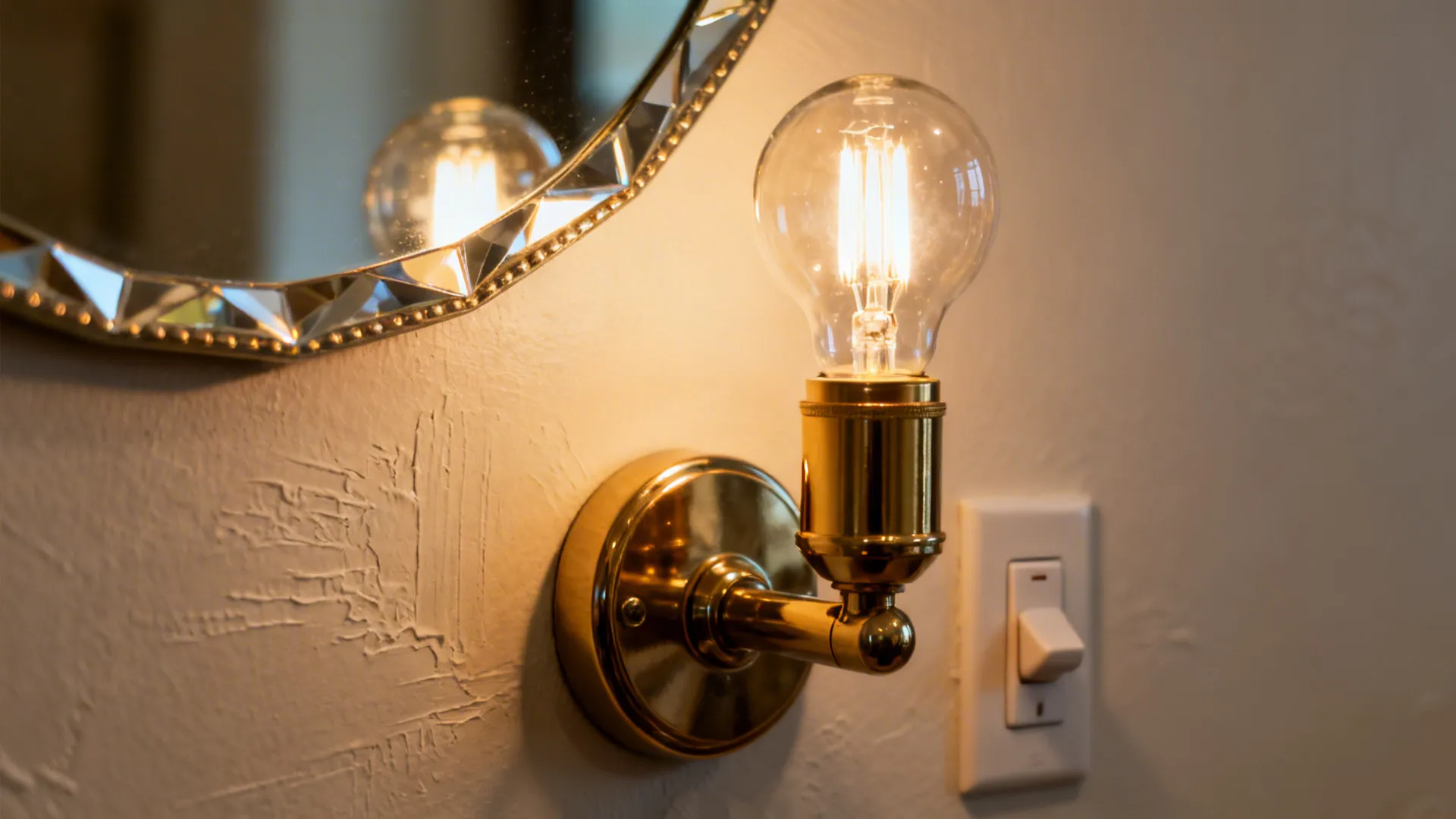 Close-up of a warm plug-in sconce and mirror edge reflecting light on a neutral wall.