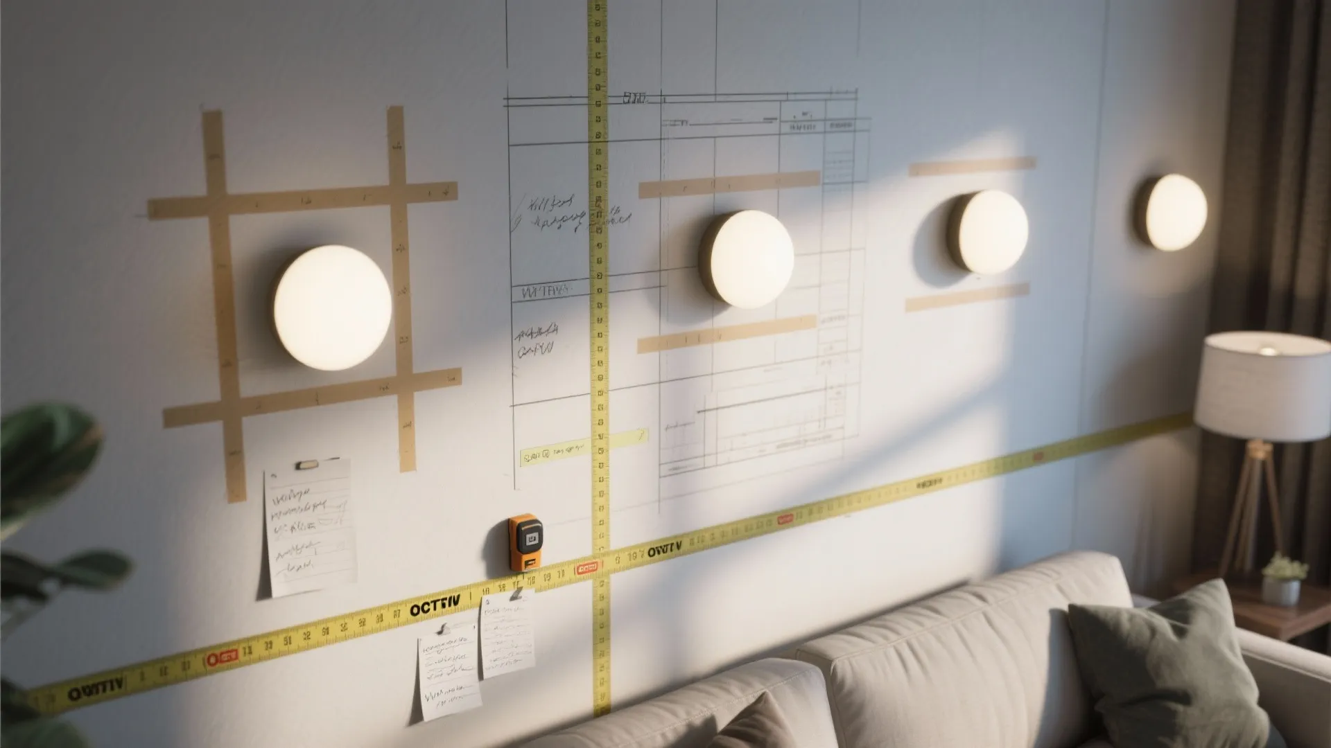 Top-down mockup showing tape marks for planning round sconce positions on a wall