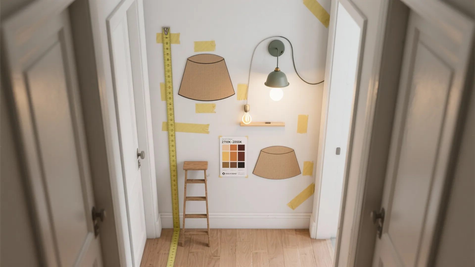 Interior design drawing with wall light samples yellow tape measuring tape and a small wooden ladder