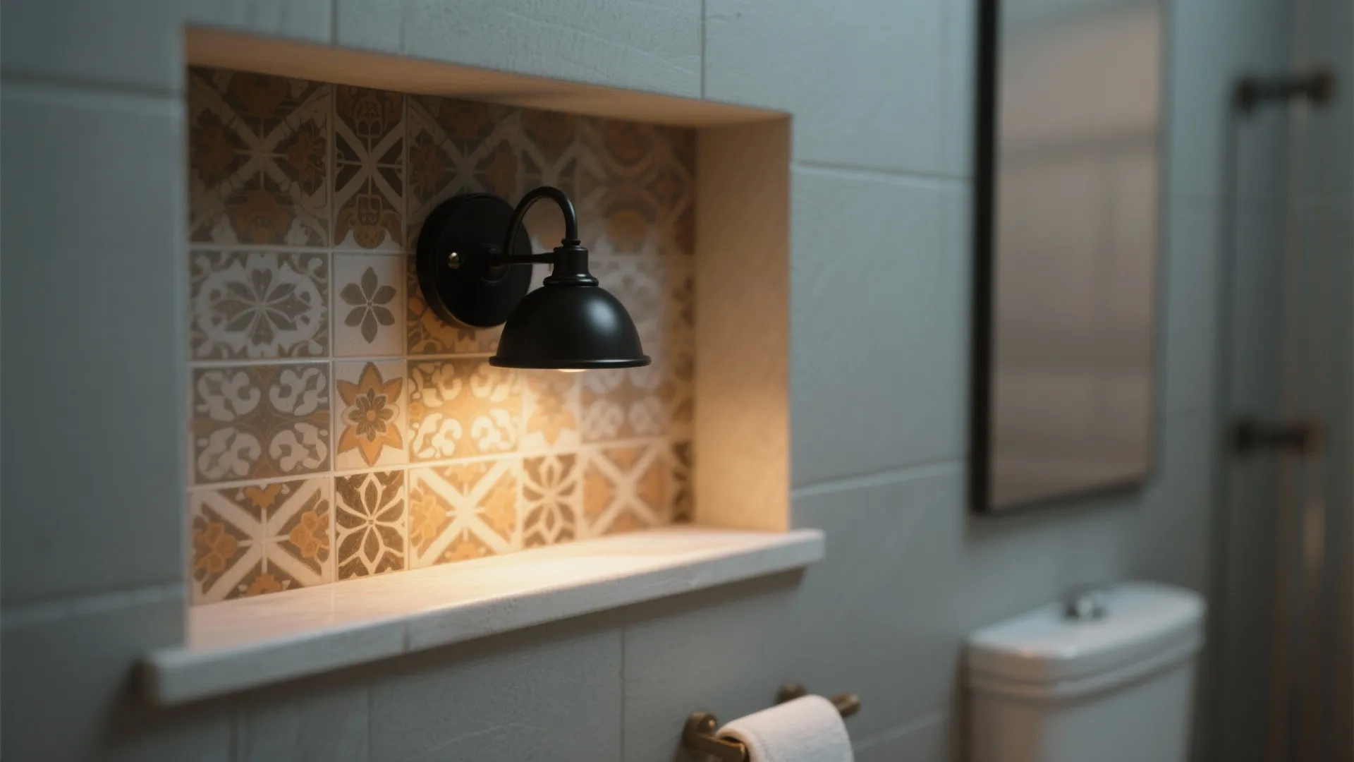 Small black sconce illuminating a decorative niche shelf and tiles in a guest bathroom