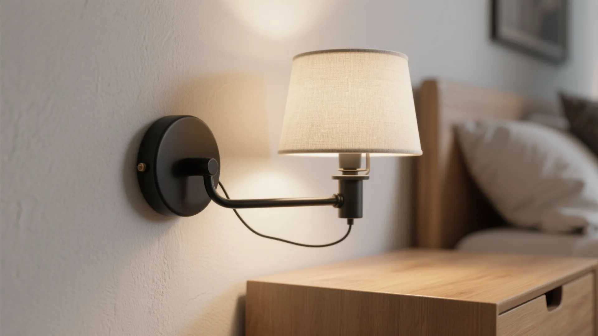Wall-mounted nightstands and swing-arm sconces