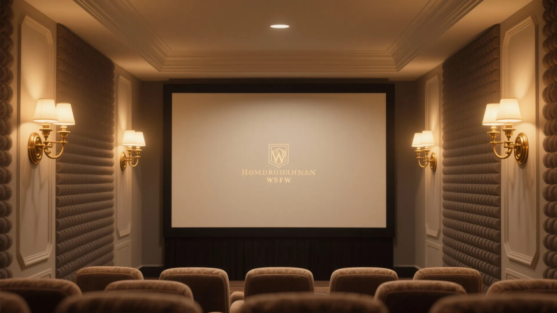 Paired brass wall sconces beside a screen casting warm indirect light on acoustic panels