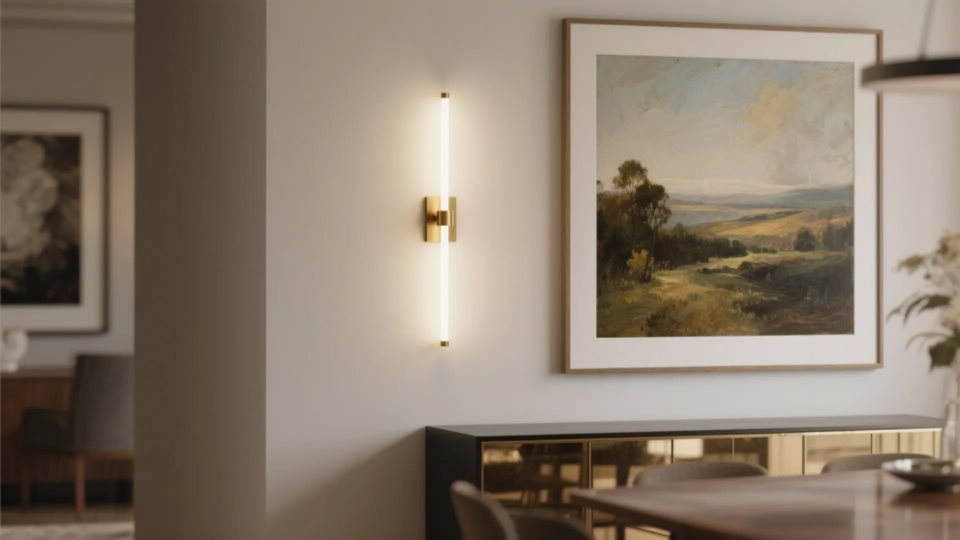 Modern wall light fixture next to a framed landscape painting on white wall over cabinet