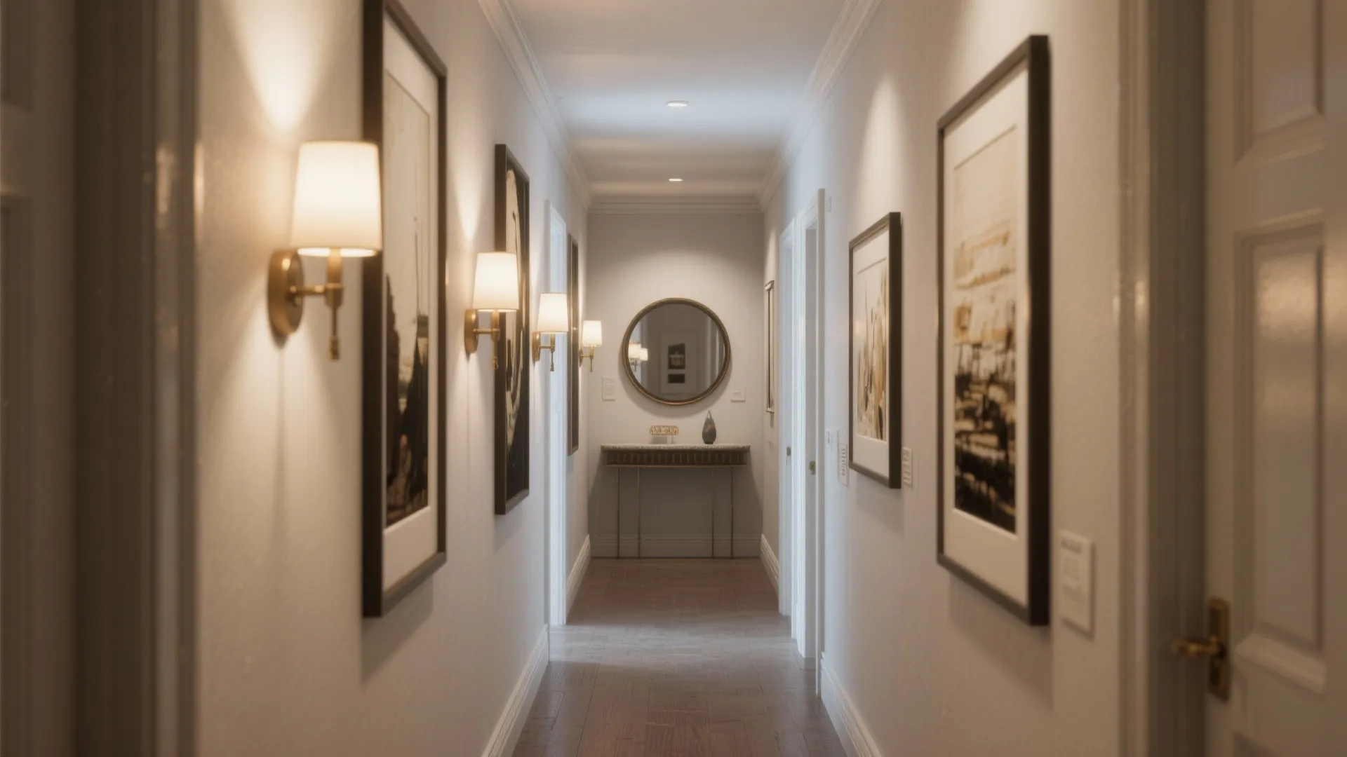 Hallway with picture-light sconces illuminating framed artwork and a mirror