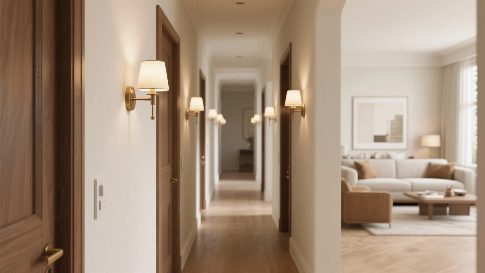 Hallway with wall sconces mounted at consistent heights and switch aligned for compatibility