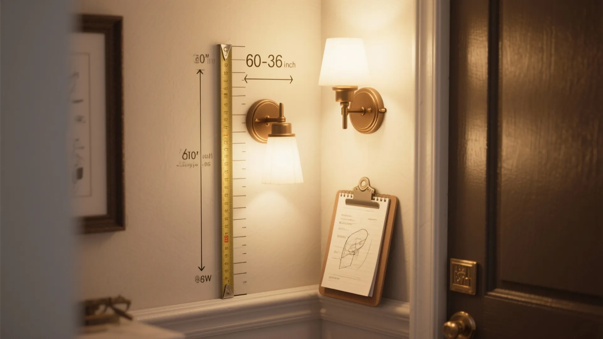 Measurement guide for wall light installation showing height and distance from a brown door frame