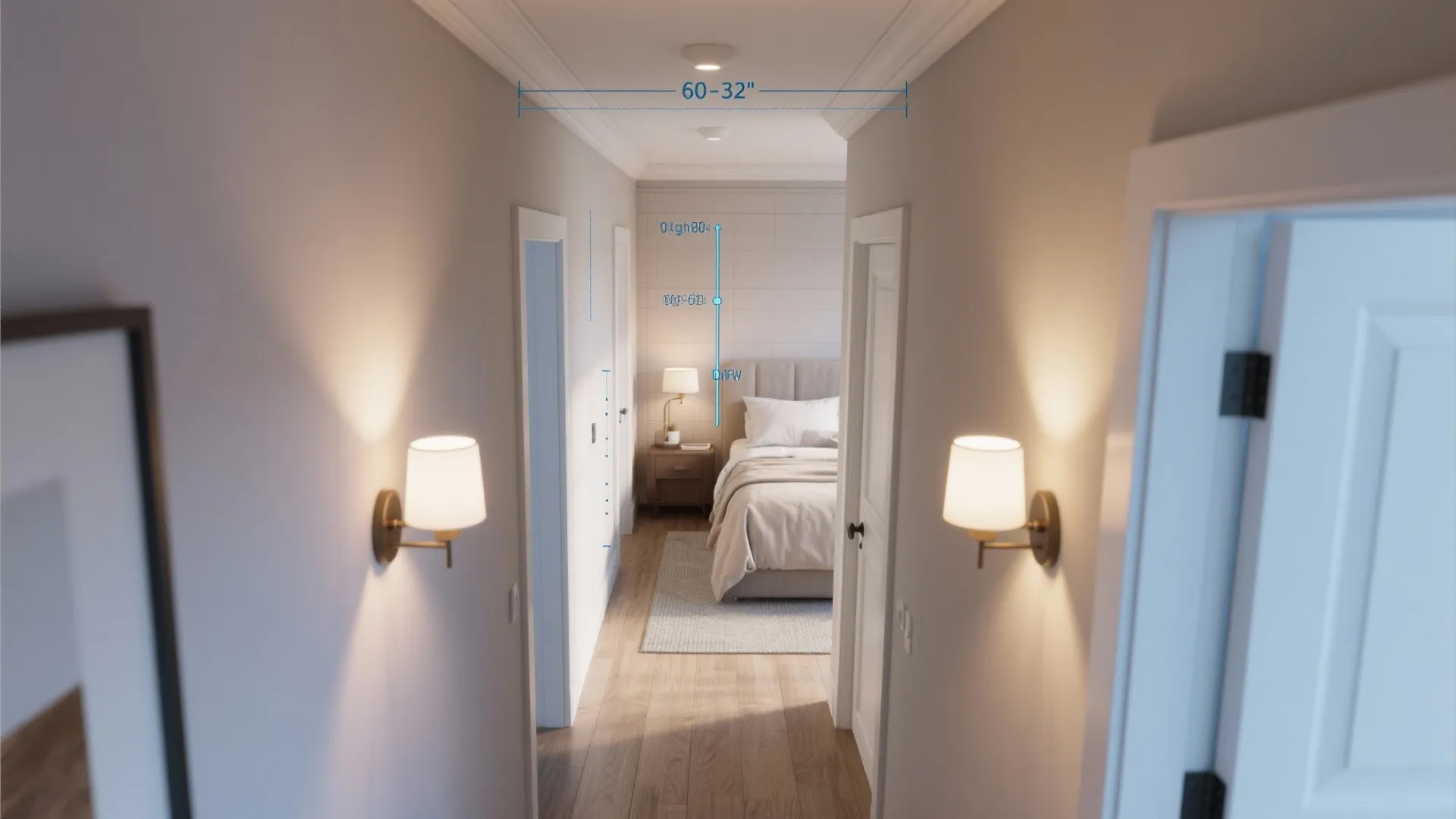 Modern hallway interior design drawing with wall lights and blue lines showing height and width