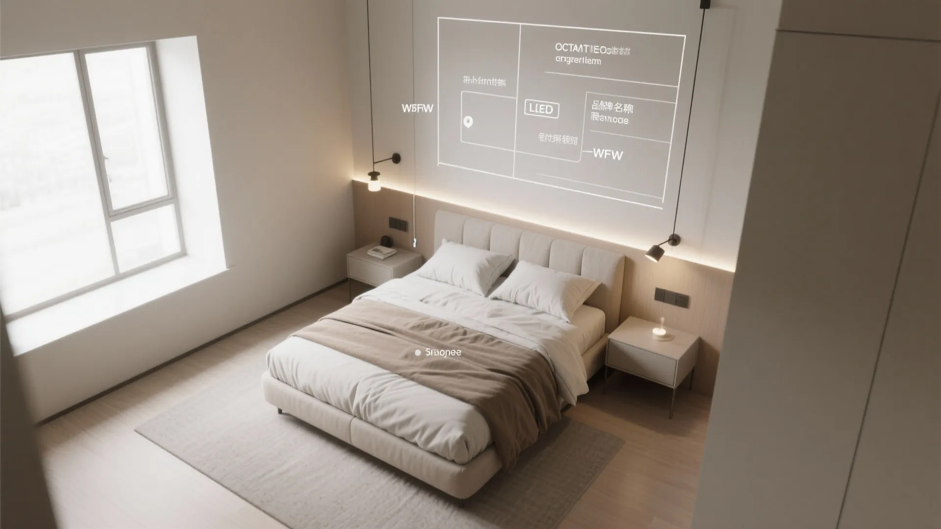 Top-down visualization of ideal wall light placements in a small bedroom layout