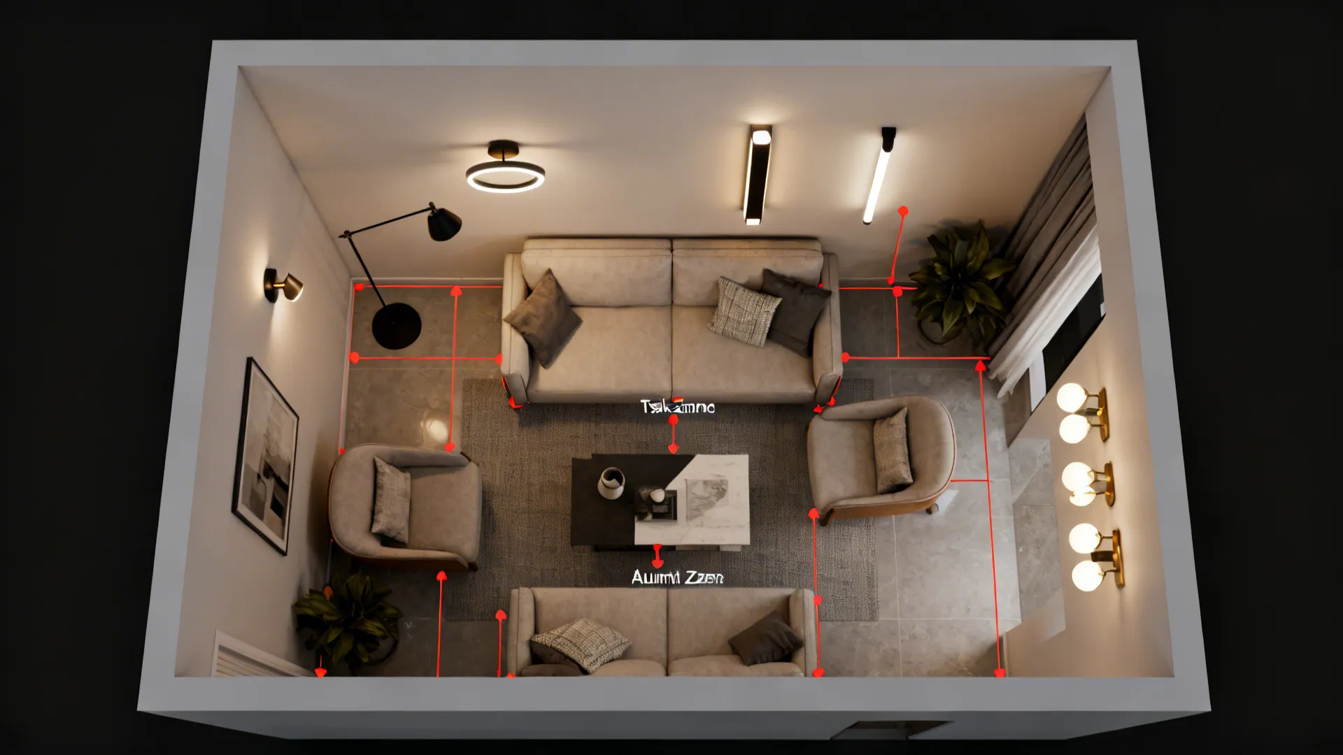 Top-down schematic layout showing recommended wall sconce placements for task, ambient and accent lighting in a small living room.