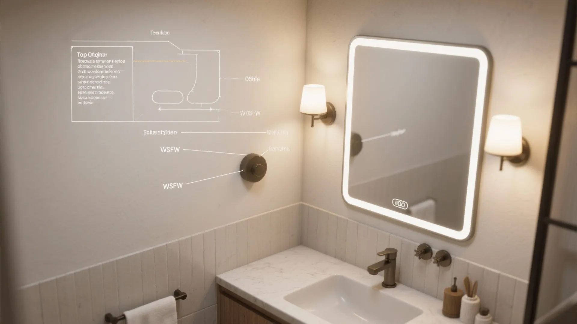 Top-down view illustrating balanced sconce placement beside a bathroom mirror