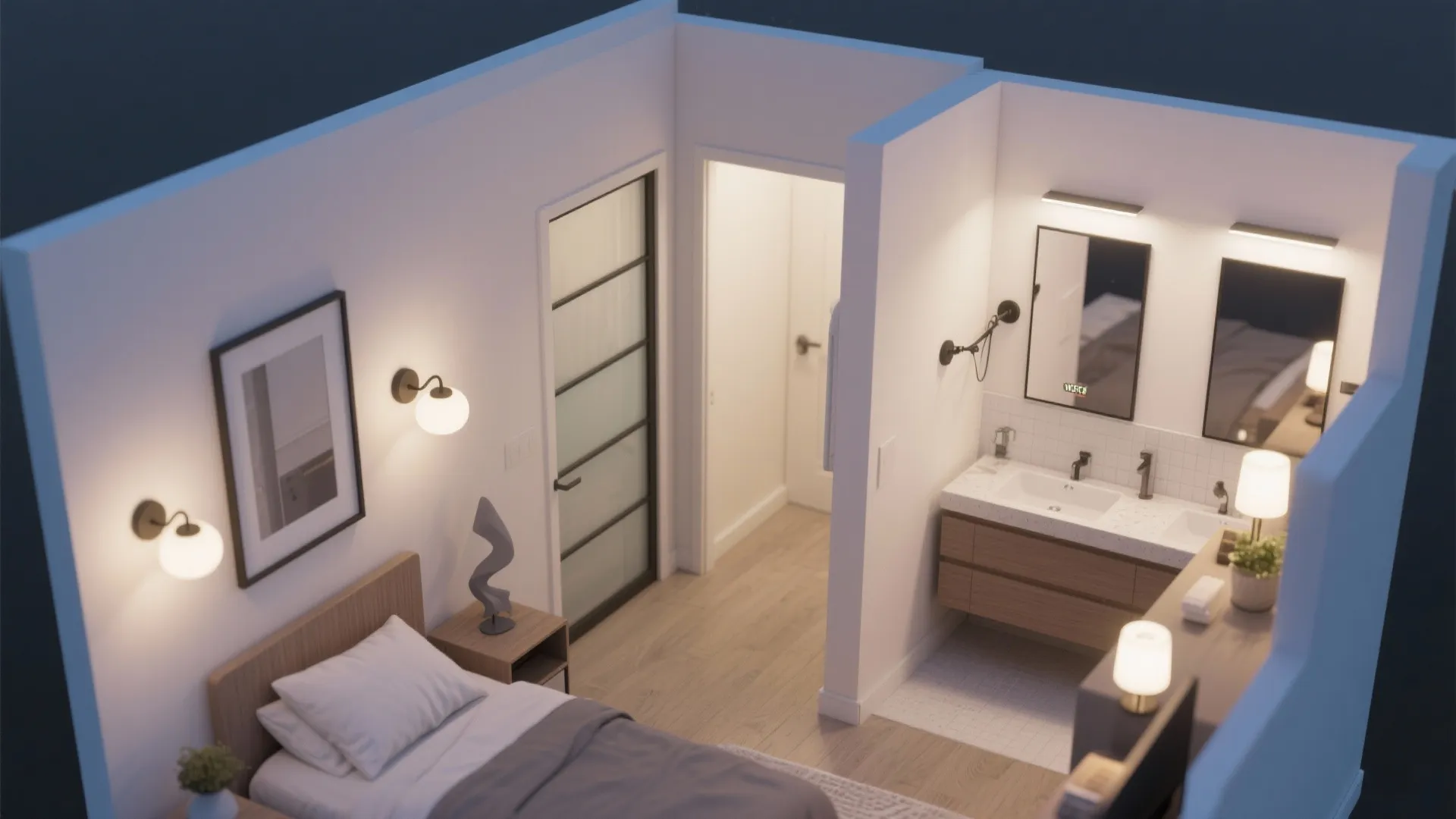 Interior design drawing showing a small bedroom and a bathroom with double sinks and mirrors