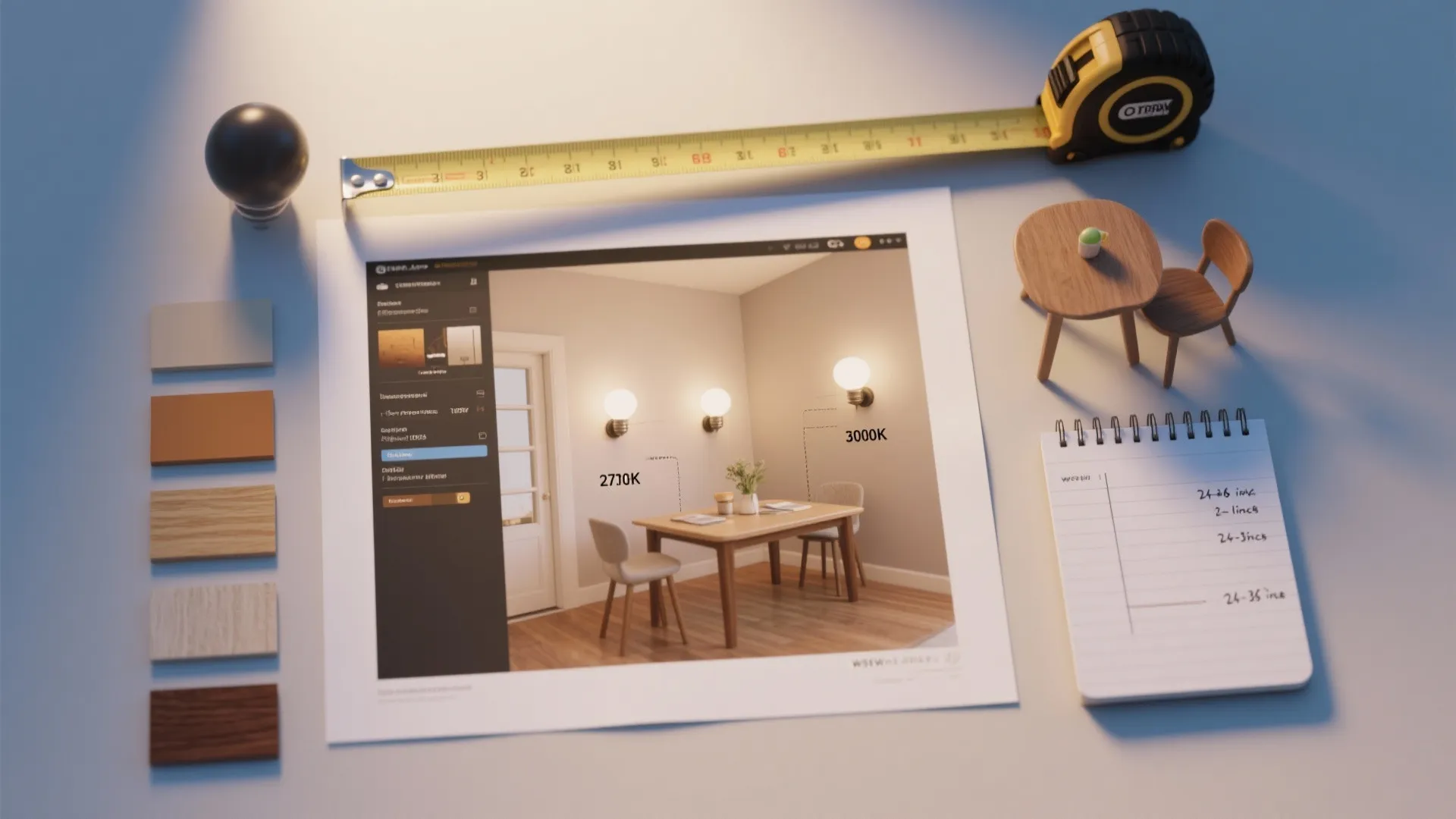 Flatlay with measuring tape notebook wood samples and interior design drawing of a dining room