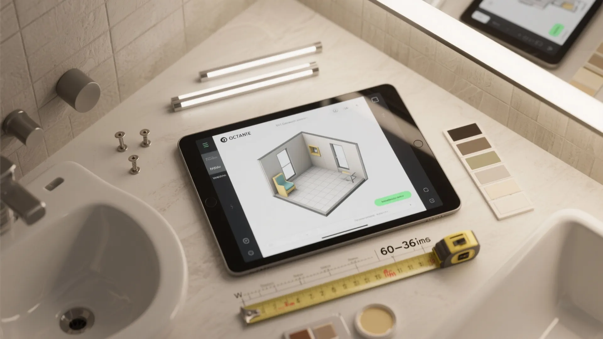 Flatlay of tools and swatches for planning sconce placement including a 3D floor planner on a tablet