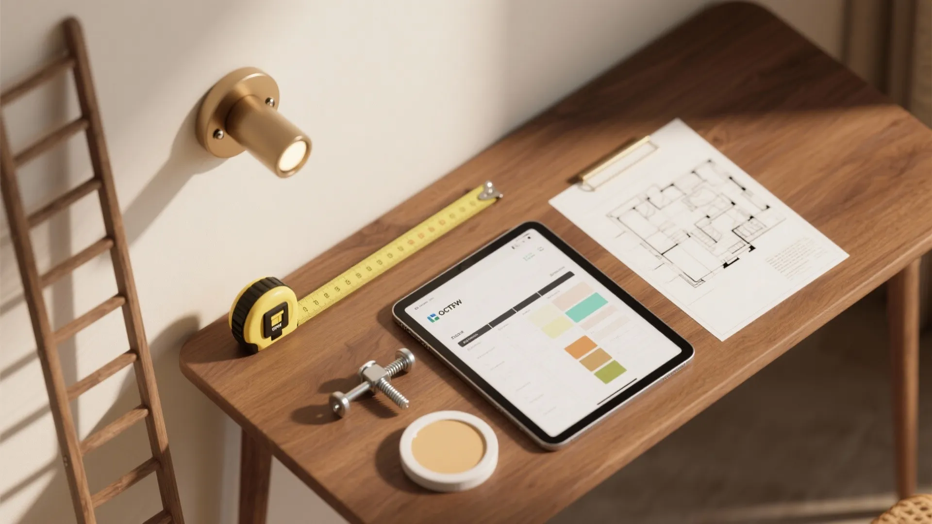 Top-down flatlay of sconce planning items: tape measure, sketch, paint swatches and hardware