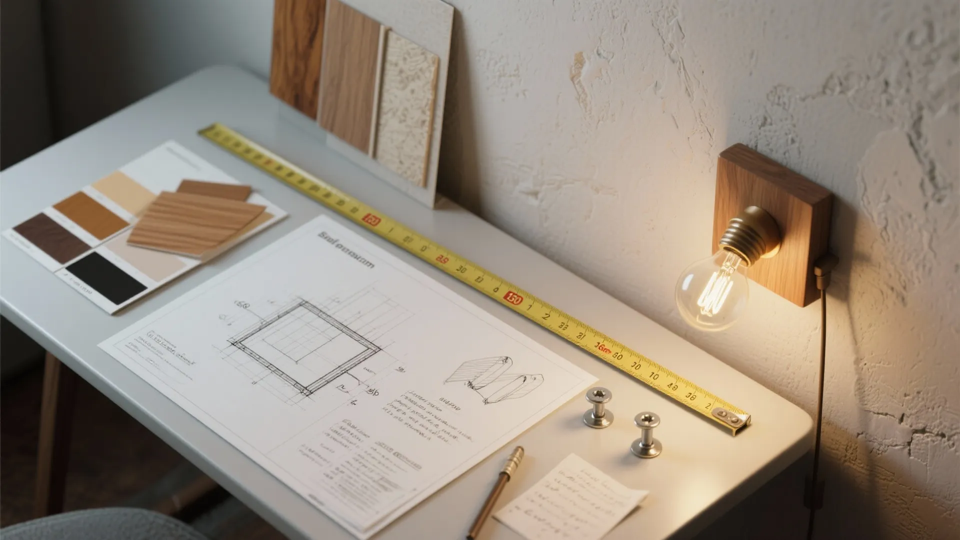 Flatlay showing sconce planning tools: sketches, tape measure at 150–160 cm, LED bulb, and wall anchors.