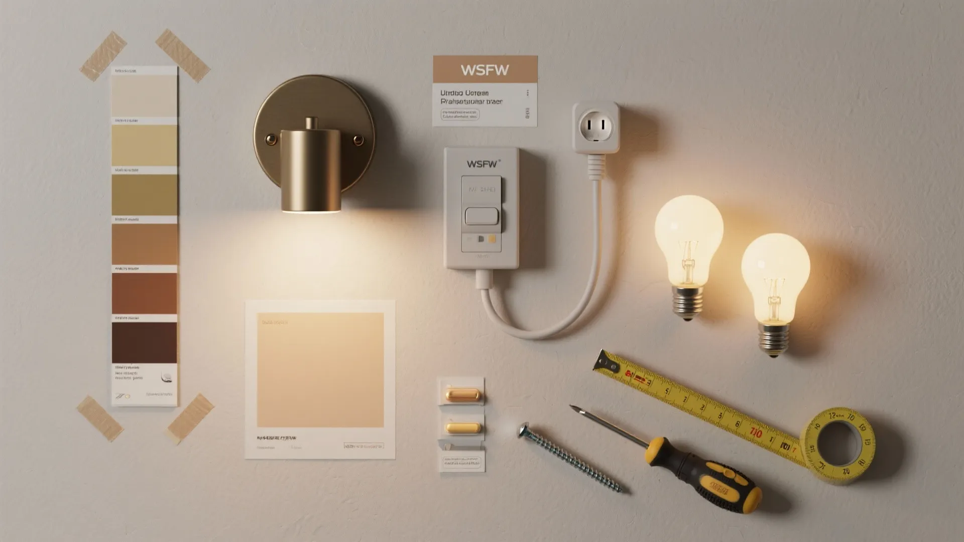 Flatlay of swatches, dimmer, tape mock-up and bulbs for planning sconce installation