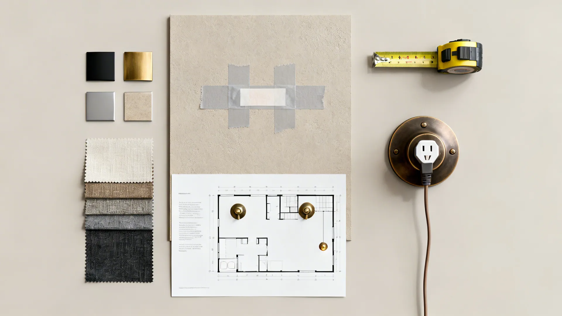 Flatlay of sconce finish samples, painter's tape mockup, and planning tools for fixture placement.