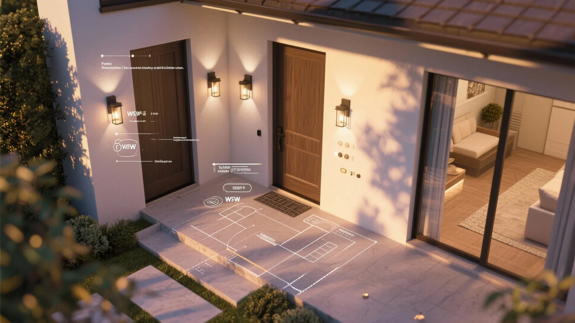 Top-down 3D planner mockup showing outdoor sconce placement and shadow studies
