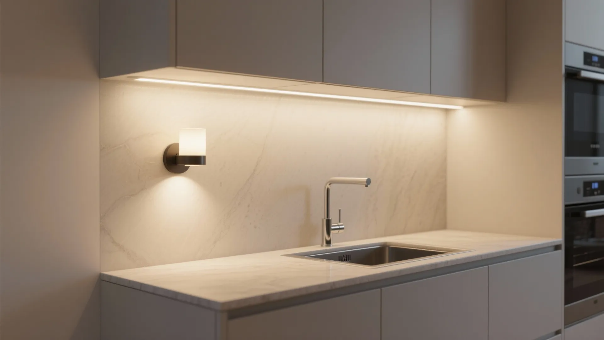 Kitchen sink with a focused wall sconce and under-cabinet LED strip providing balanced task light
