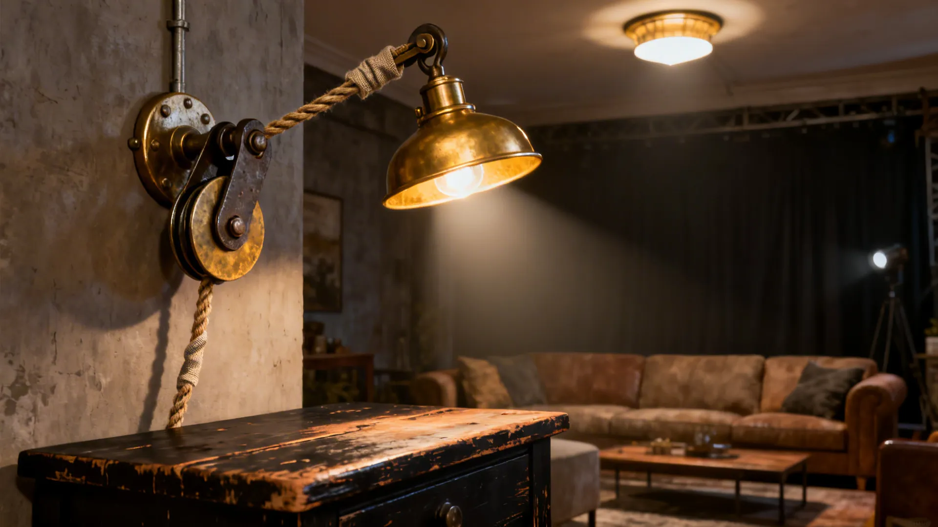 Barn-pulley adjustable sconce with vintage hardware above a side table in a living room.
