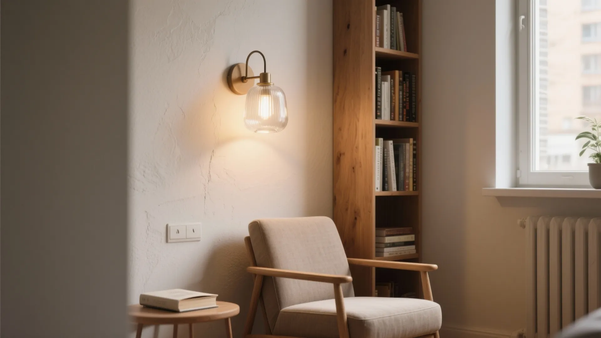Cozy reading corner with a comfortable armchair and a glass wall light next to bookshelves