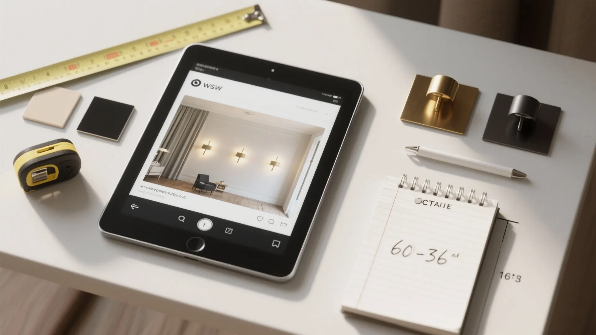 Tablet showing interior design drawing surrounded by measuring tape notepad and modern wall light samples