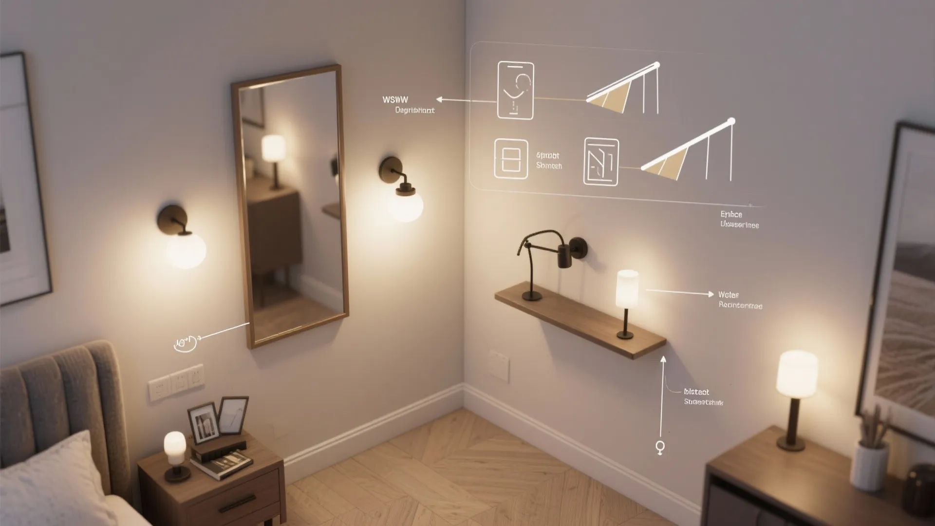 Interior design drawing showing bedroom lighting plan with wall light mirror and wooden shelf layout