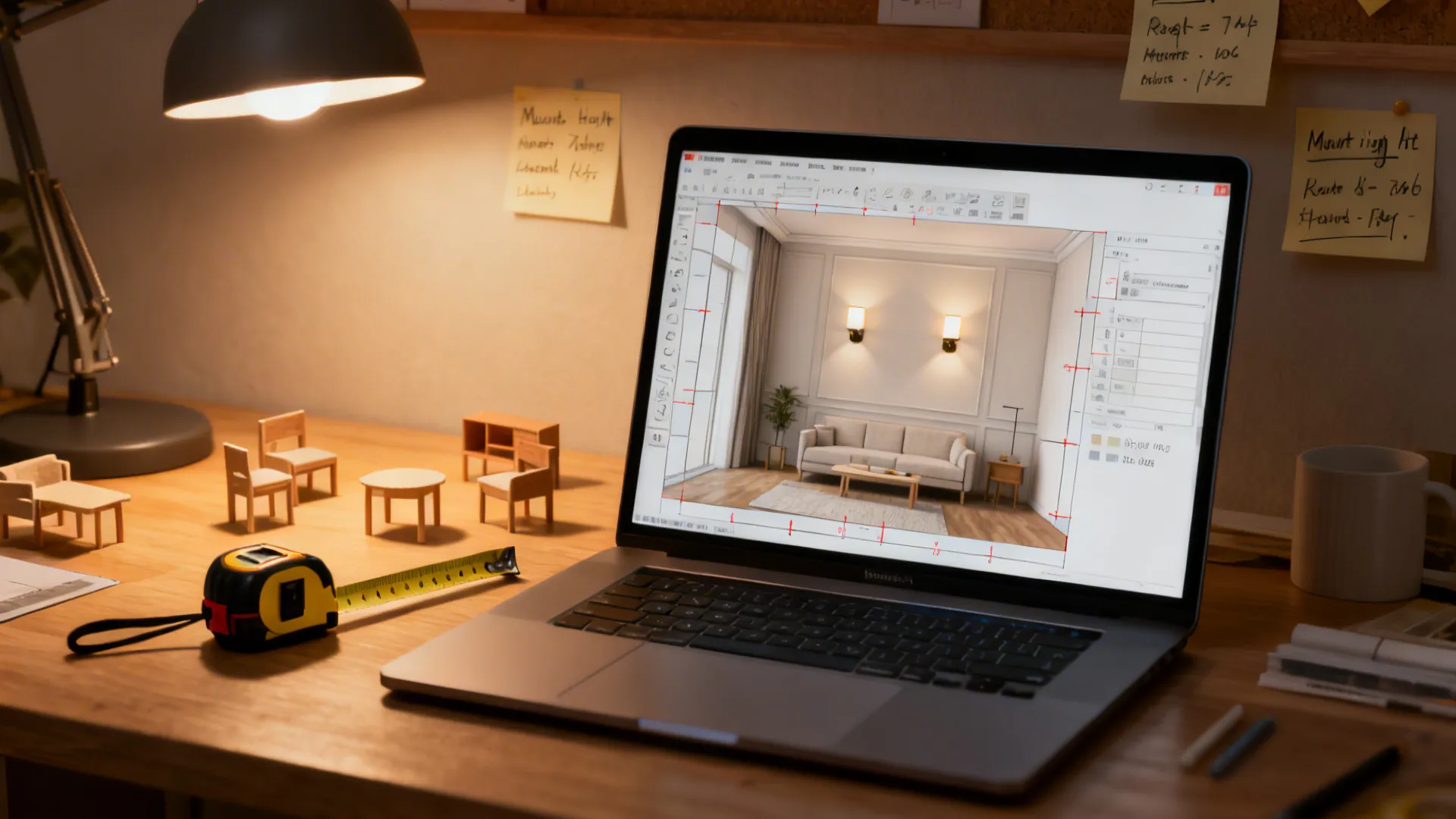 Design workstation showing a 3D room planner with sconce placements and measuring tools.
