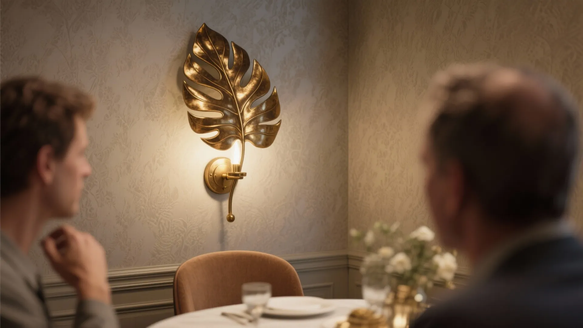 Golden leaf shaped wall light mounted on patterned wallpaper in a luxury dining room area