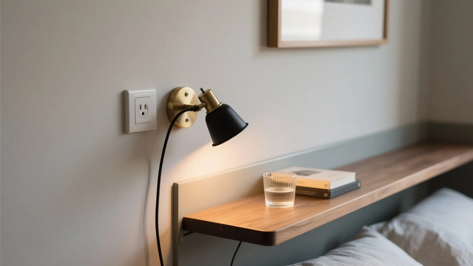 Close-up of a black wall light mounted above a wooden shelf with a water glass