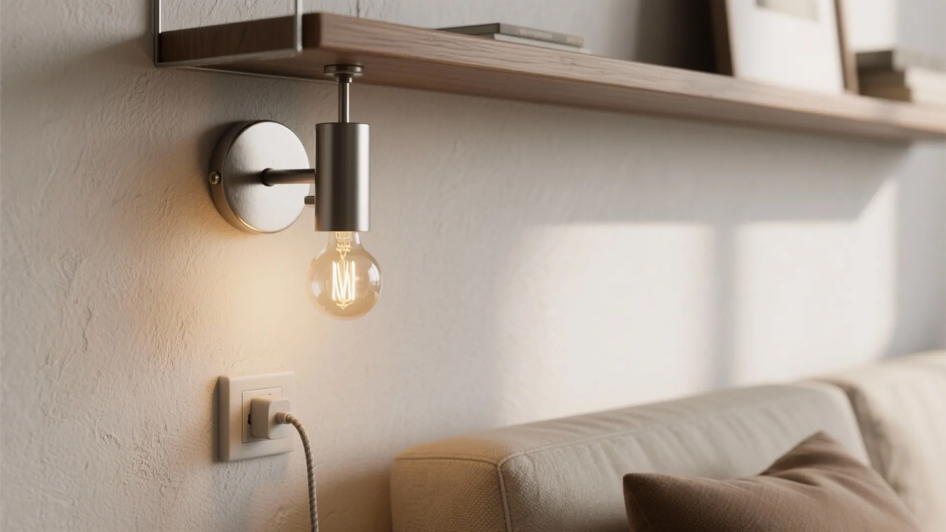 Modern metal wall light mounted under wooden shelf with glowing bulb in a bright bedroom